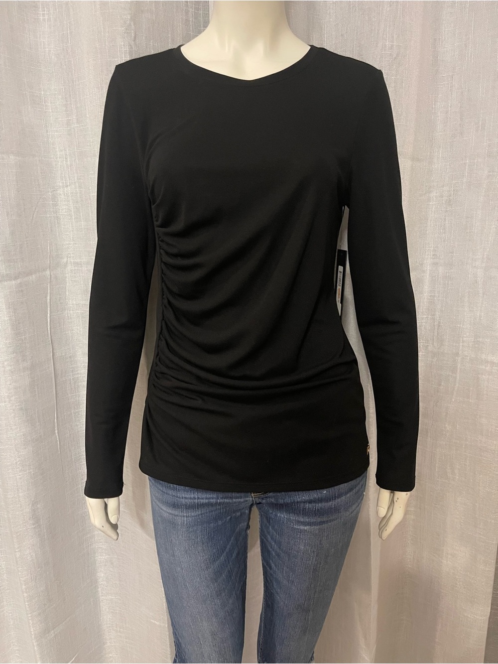 Donna Karan New York Black Ruched Side Long Sleeve Matte Jersey Top Size SP